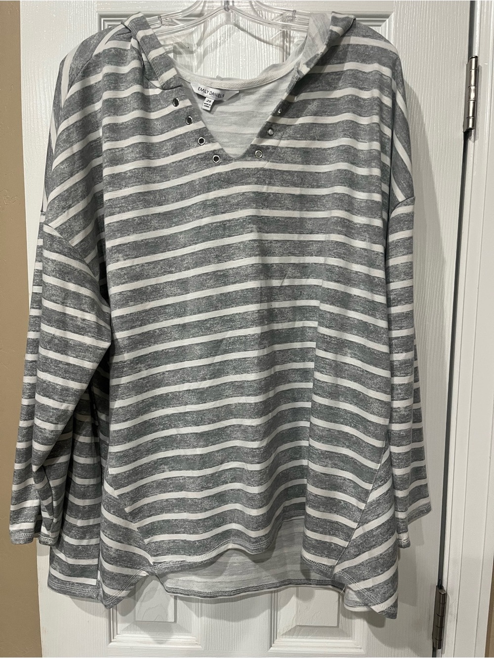 Lane Bryant Gray & White Striped Hooded Pullover Sweater